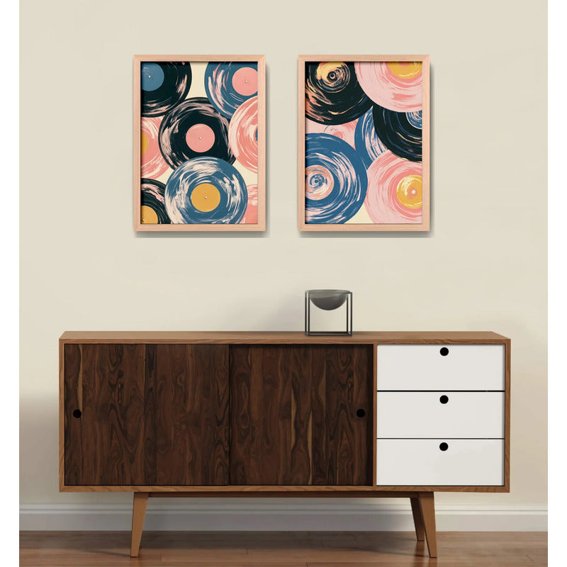 Set 2 Cuadros Dormitorio Living Abstracto Discos De Vinilo Marco Marrón Claro