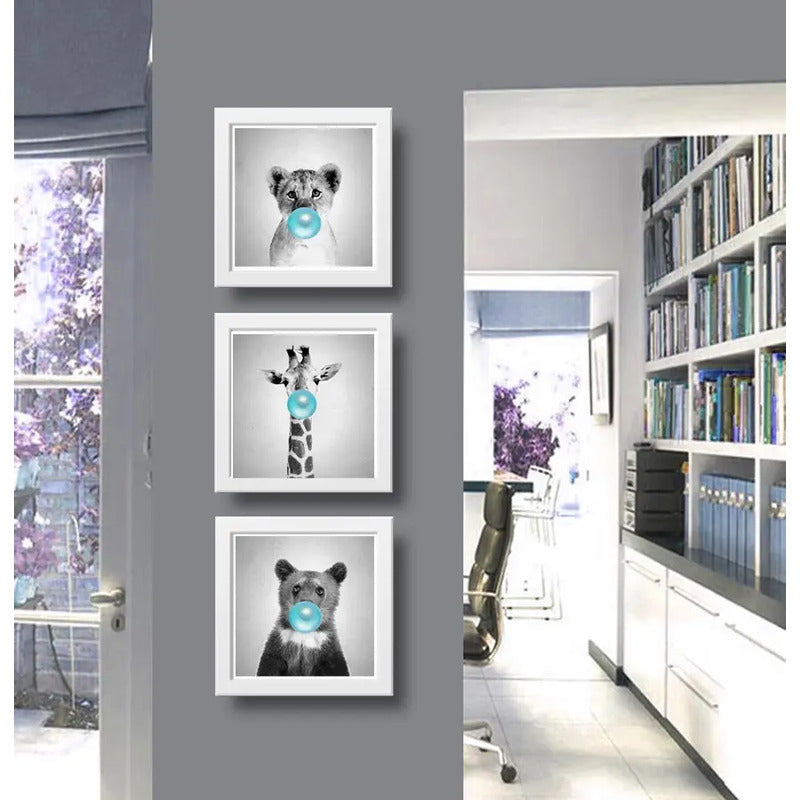 Set 3 Cuadros Leon Jirafa Oso Chicle Baby Animals Pop Art Marco Blanco