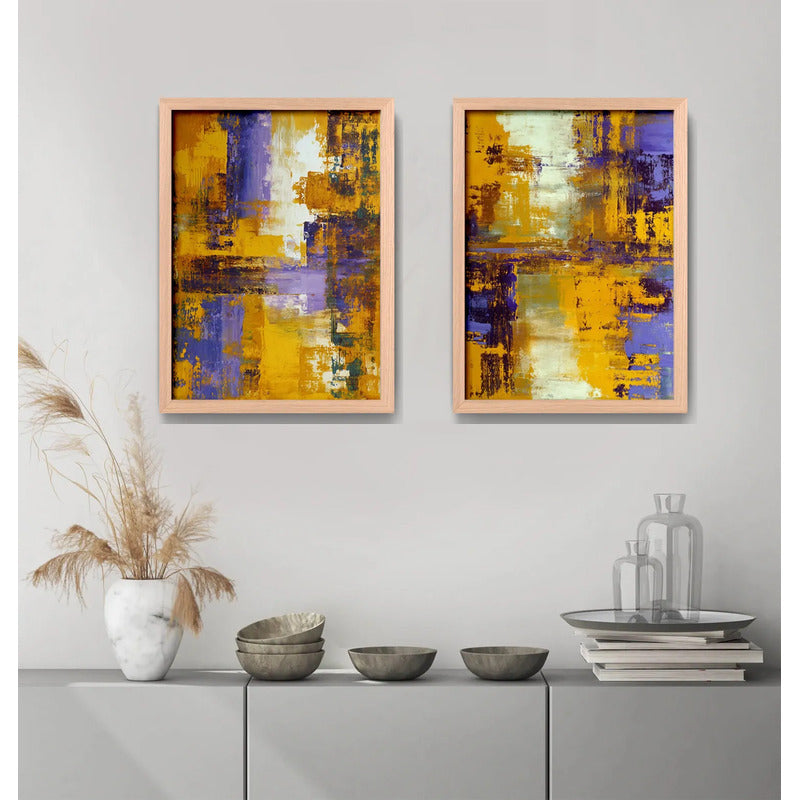 Set 2 Cuadros Dormitorio Living Abstracto Amarillo Púrpura Marco Marrón Claro