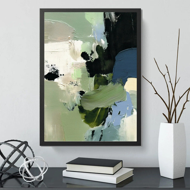Cuadro Dormitorio Living Boho Abstracto Mossy Calm Verde Marco Negro