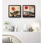 Set 2 Cuadros Avion Y Bicicleta Arte Japones Efecto 3d Marco Negro