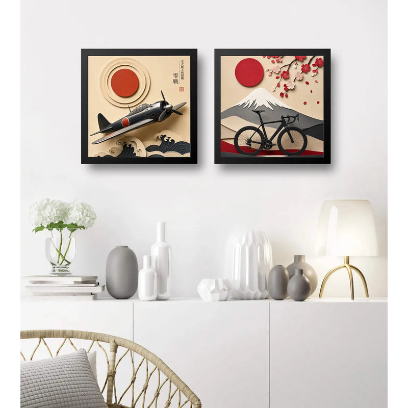 Set 2 Cuadros Avion Y Bicicleta Arte Japones Efecto 3d Marco Negro