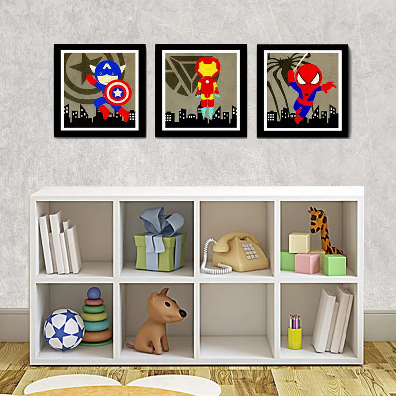 Set 3 Cuadros Heroes Kids Capitan America Iron Man Spiderman