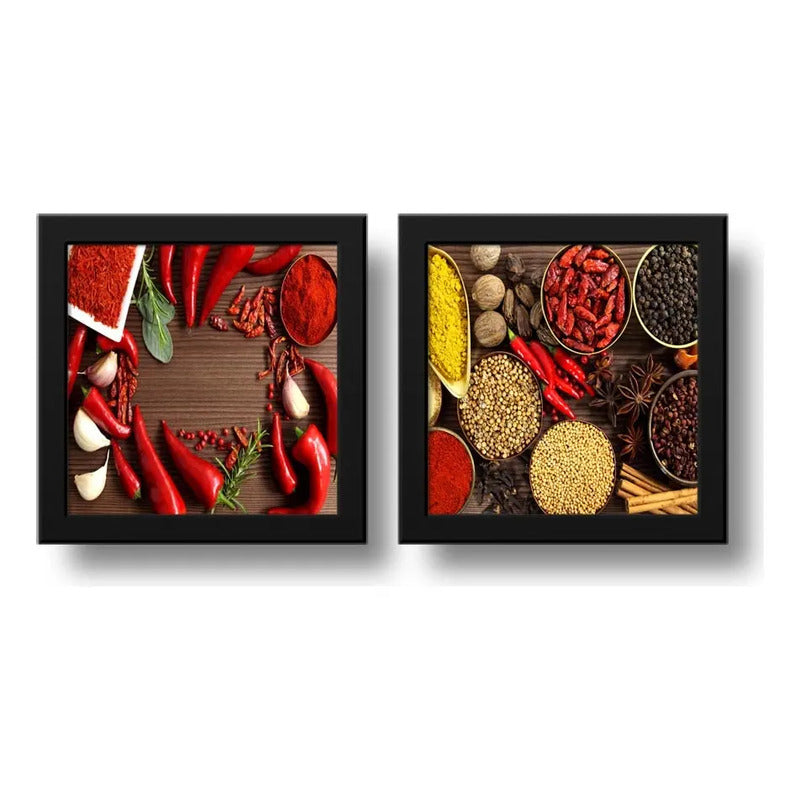 Set 2 Cuadros Pimientas Condimentos Cocina Decora - 33x33cm Marco Negro