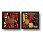 Set 2 Cuadros Pimientas Condimentos Cocina Decora - 33x33cm Marco Negro
