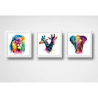 Set 3 Cuadros León Jirafa Elefante Pop Art Colors Decoracion
