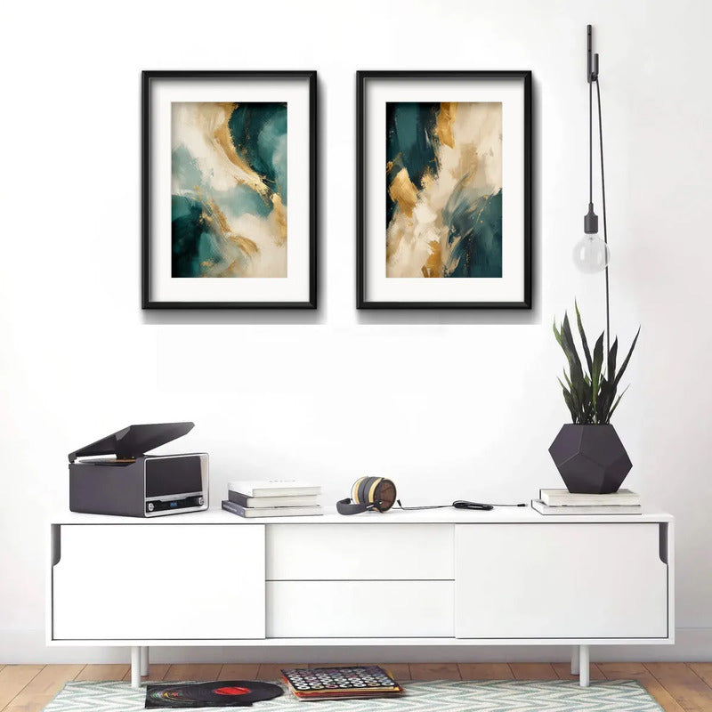 Set 2 Cuadros Boho Arte Abstracto Azul Petroleo Con Paspartu 53x43cm Cada Cuadro Negro