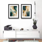 Set 2 Cuadros Boho Arte Abstracto Azul Petroleo Con Paspartu 53x43cm Cada Cuadro Negro