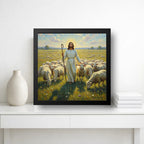 Cuadro Jesús Cristo El Buen Pastor Arte Rebaño Ovejas Marco Negro