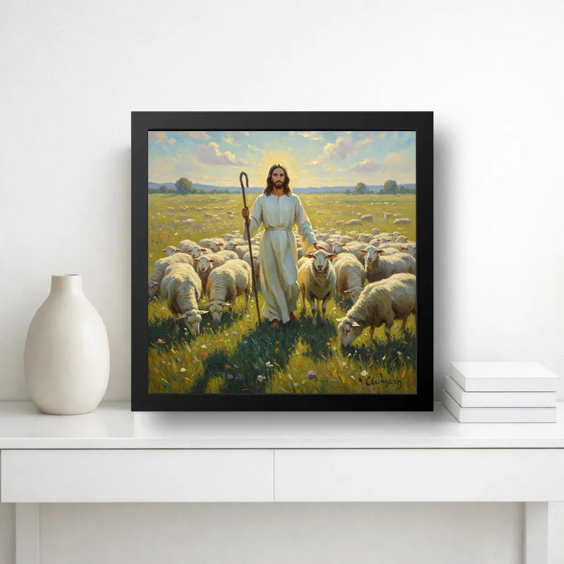 Cuadro Jesús Cristo El Buen Pastor Arte Rebaño Ovejas Marco Negro