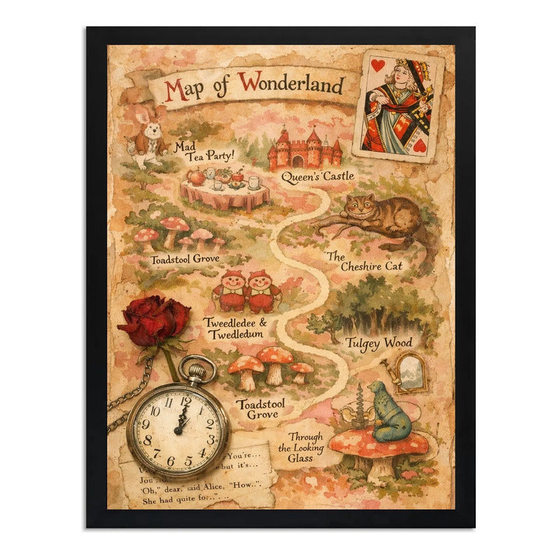 Cuadro Alicia País Maravillas Pelicula Arte Mapa Wonderland Marco Negro