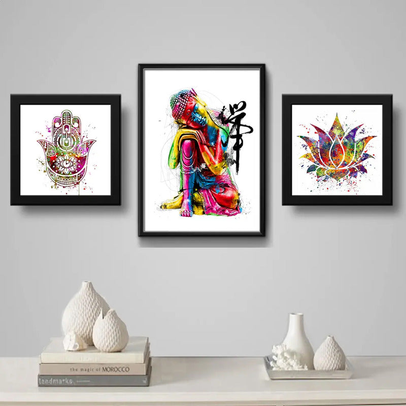 Set 3 Cuadros Buda Flor De Loto Hamsa Pop Art Zen Feng Shui