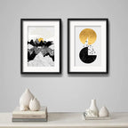Set 2 Cuadros Abstrato Geometrico Montaña Sol Gold Paspartú