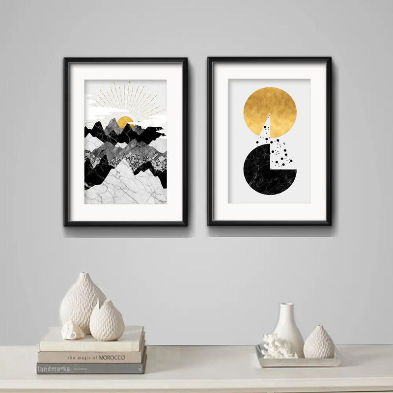 Set 2 Cuadros Abstrato Geometrico Montaña Sol Gold Paspartú