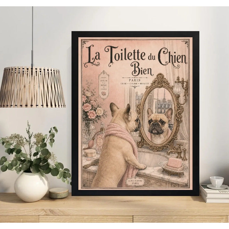Cuadro Bano Bulldog Frances Espejo Perro Paris Retro Arte Marco Negro