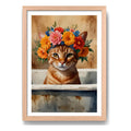 Cuadro Gato Flores Banera Bano Floral Pet Arte Marco Oak Marco Marrón Claro
