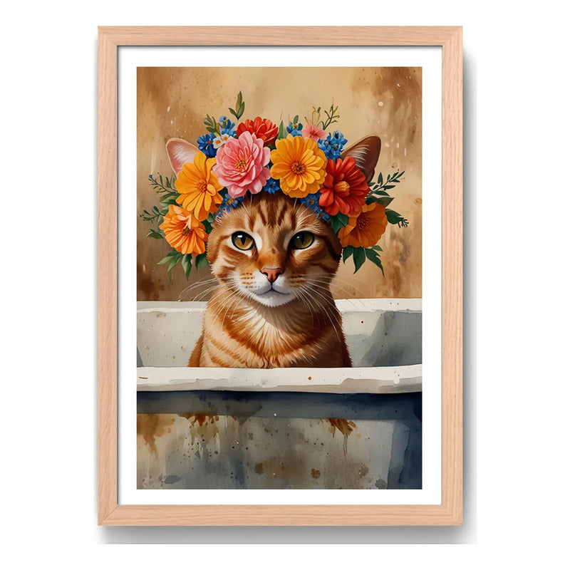 Cuadro Gato Flores Banera Bano Floral Pet Arte Marco Oak Marco Marrón Claro