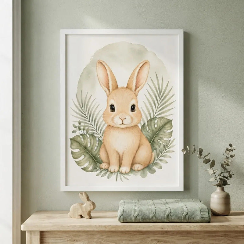 Cuadro Conejo Decoracion Dormitorio Infantil Tonos Suaves Marco Blanco