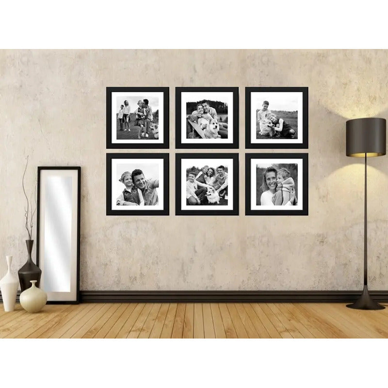 Set 6 Cuadros Personalizado Foto Familia Pareja Amigos 33x33 Blanco Y Negro Marco Negro