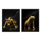 Set 2 Cuadros Toro Y Oso De Wall Street Dorado Arte Golden Marco Negro