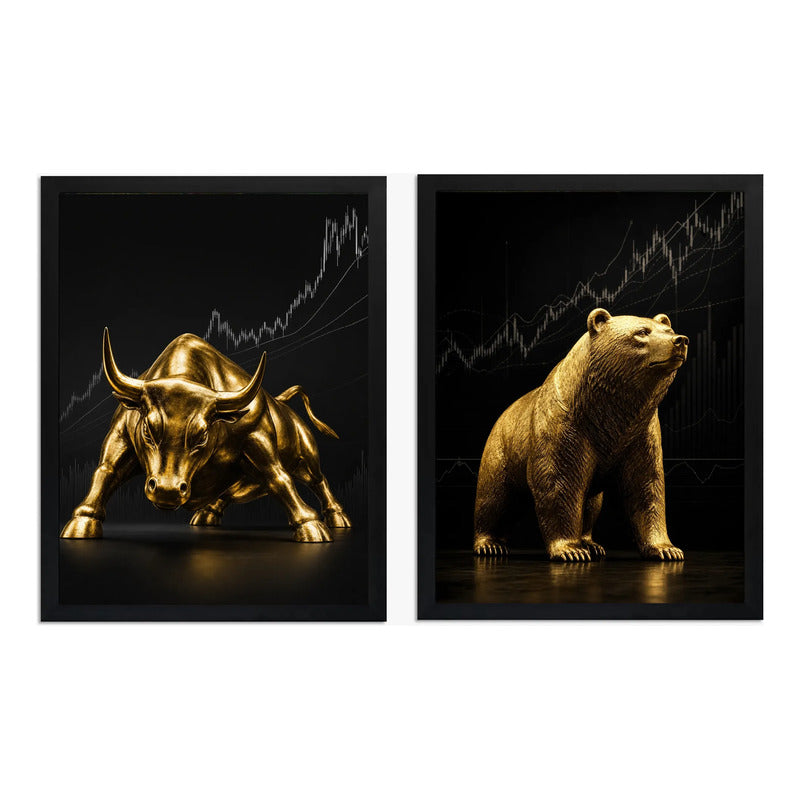 Set 2 Cuadros Toro Y Oso De Wall Street Dorado Arte Golden Marco Negro