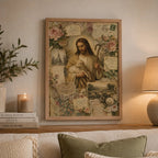 Cuadro Jesús Cristo El Buen Pastor Oveja Rosas Arte Religion Marco Madera Natural Oak