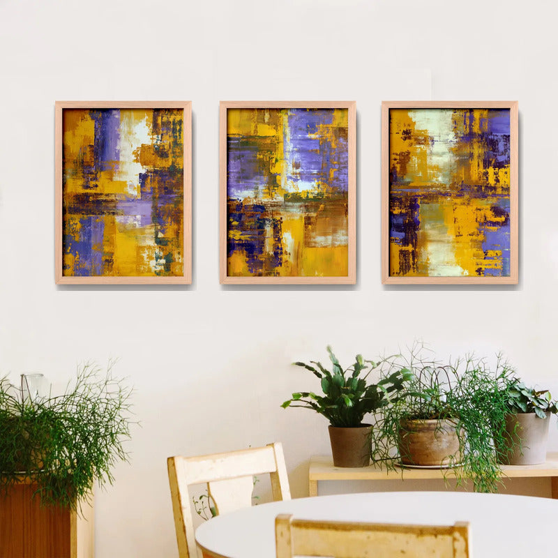 Set 3 Cuadros Dormitorio Living Abstracto Amarillo Púrpura Marco Marrón Claro
