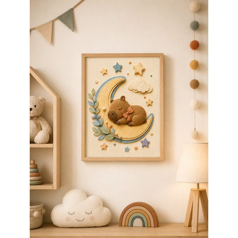 Cuadro Dormitorio Infantil Bebe Carpincho Luna Efecto 3d Marco Madera Oak Madera Clara
