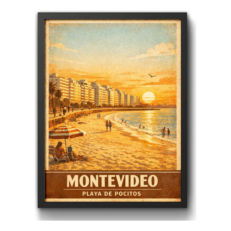 Cuadro Montevideo Playa De Pocitos Rambla Mar Retro Uruguay Marco Negro