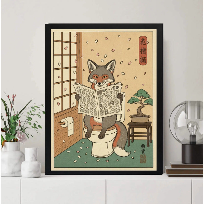 Cuadro Para Baño Zorro Arte Japón Bonsai Cerezo Decoracion Marco Negro