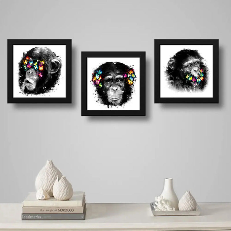 Set 3 Cuadros Monos Mariposas Pop Art Color Chimpancé Decor