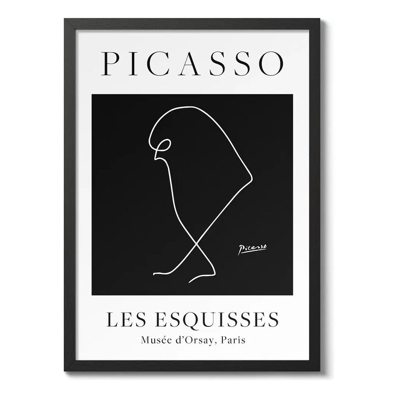 Cuadro Picasso Black Minimalista Line Arte Blanco Y Negro Pajaro Negro Marco Negro