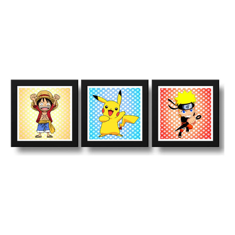 Set 3 Cuadros Naruto Pikachu Luffy Pop Art Pokemon One Piece