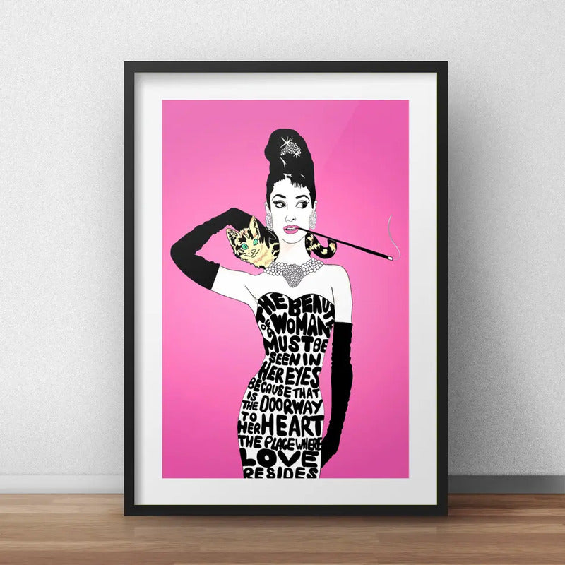 Cuadro Audrey Hepburn Pop Art Gato Fashion Con Paspartu Marco Negro
