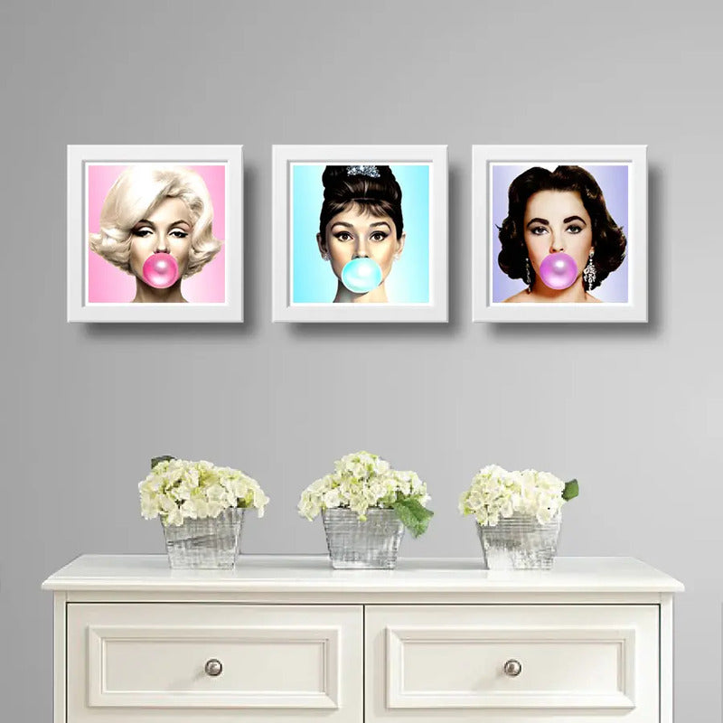 Set 3 Cuadros Marilyn Monroe Chicle Audrey Elizabeth Pop Art