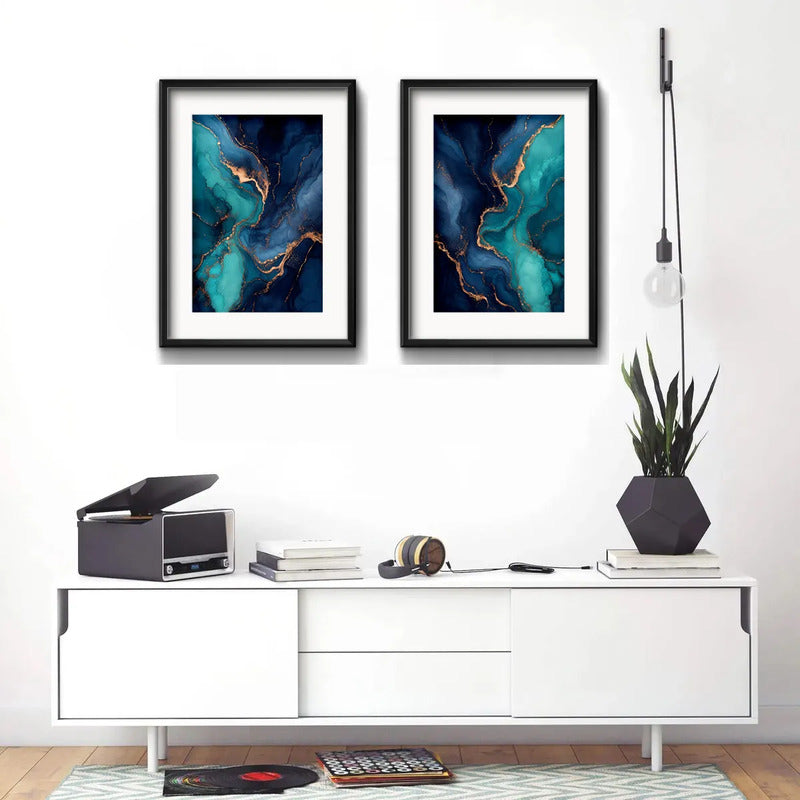Set 2 Cuadros Abstracto Mármol Azul Turquesa Con Paspartu 53x43cm Cada Cuadro Negro