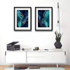 Set 2 Cuadros Abstracto Mármol Azul Turquesa Con Paspartu 53x43cm Cada Cuadro Negro