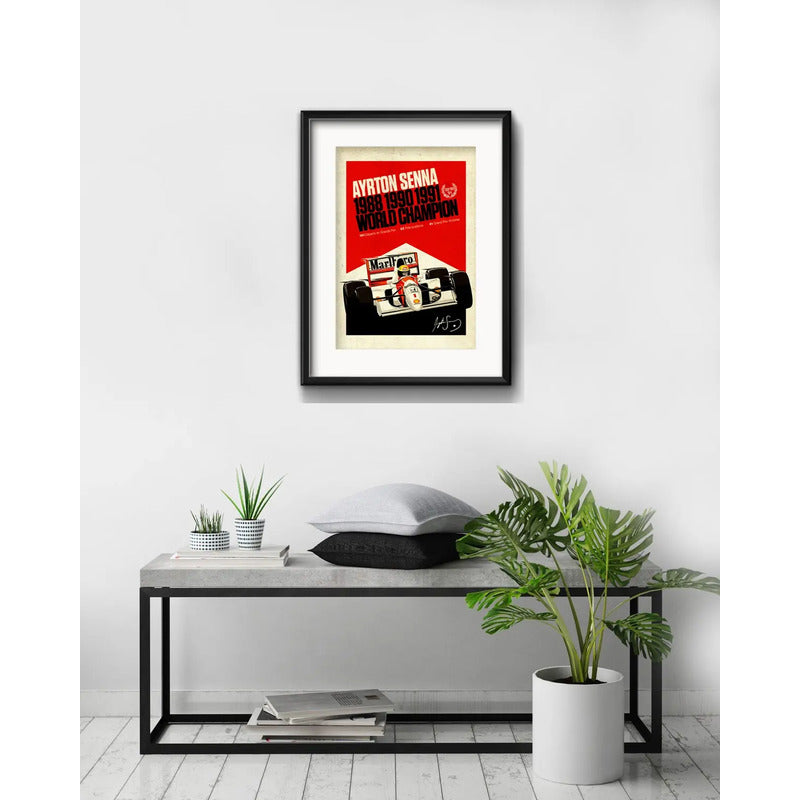 Cuadro Ayrton Senna Formula 1 Carrera 53x43cm Con Paspartu Marco Negro