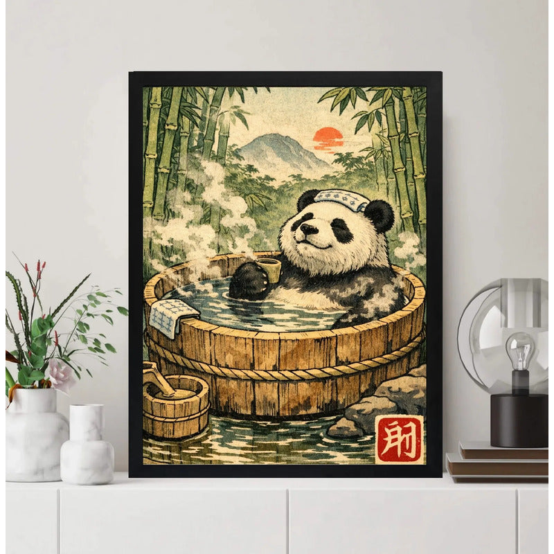 Cuadro Oso Panda Zen Banera Japón Bambus Art Bano Decoracion Marco Negro
