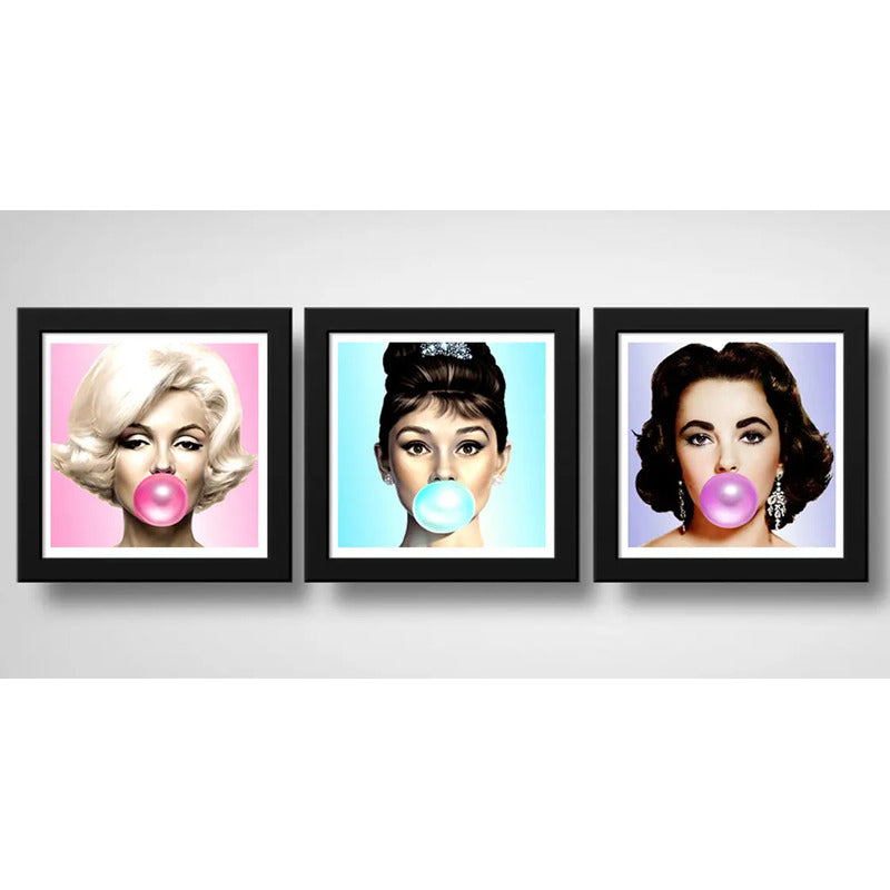 Set 3 Cuadros Marilyn Monroe Chicle Audrey Elizabeth Pop Art