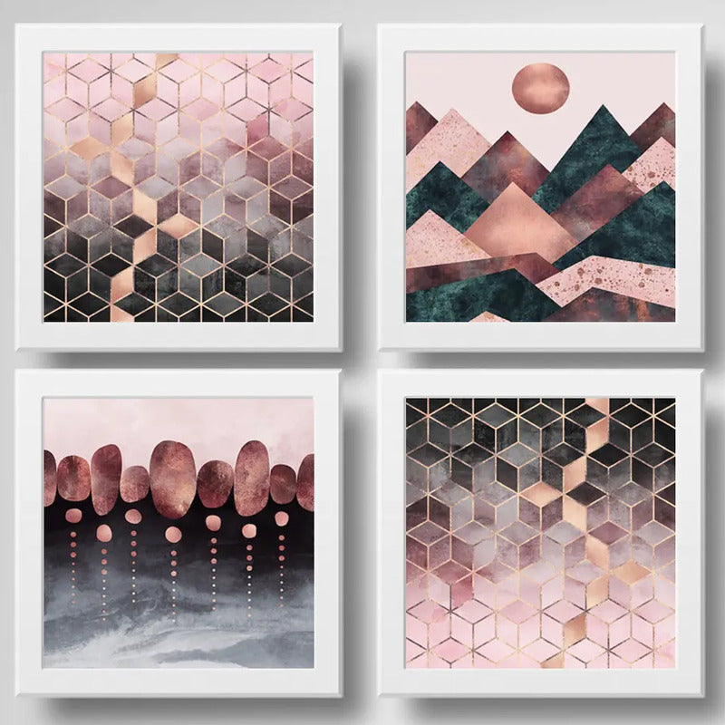 Set 4 Cuadros Abstracto Rose Gold Escandinavo Geometrico Art