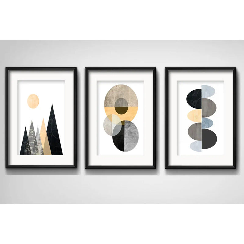 Set 3 Cuadros Geometrico Escandinavo Color Brs1 Con Paspartu Marco Negro