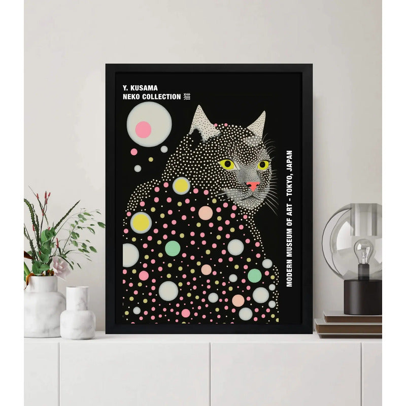 Cuadro Yayoi Kusama Cats & Dots Gato Neko Arte Japones Marco Negro