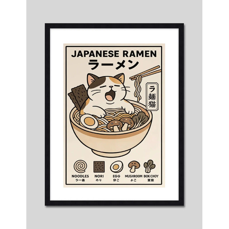 Cuadro Gato Ramen Noodles Japonés Arte Oriental 3 Decoracion Marco Negro