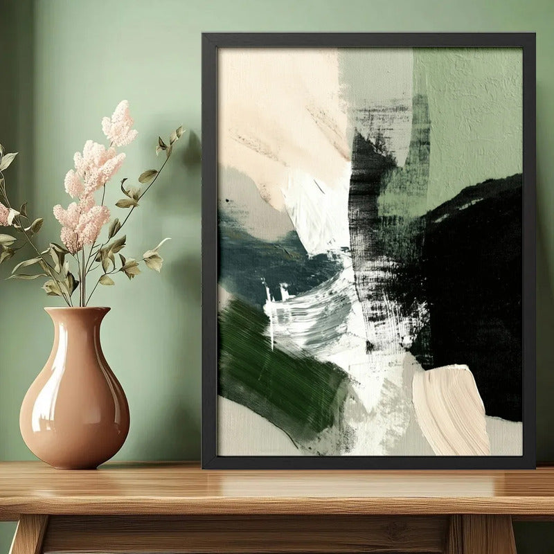 Cuadro Dormitorio Living Boho Abstracto Tranquilidad Verde Marco Negro