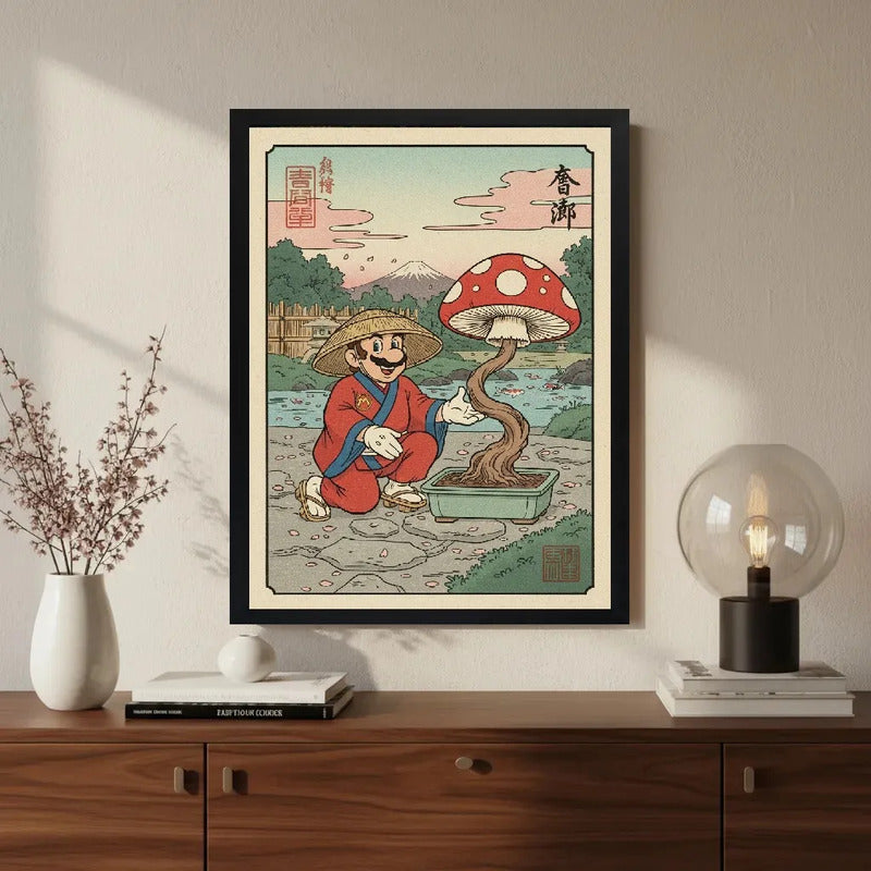 Cuadro Mario Jardinero Hongos Bonsai Cucumelo Japón Game Marco Negro