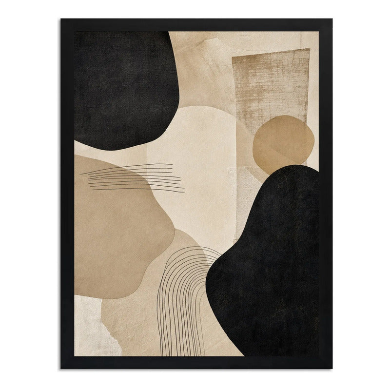 Cuadro Living Dormitorio Boho Abstracto Beige Crema Negro Marco Negro