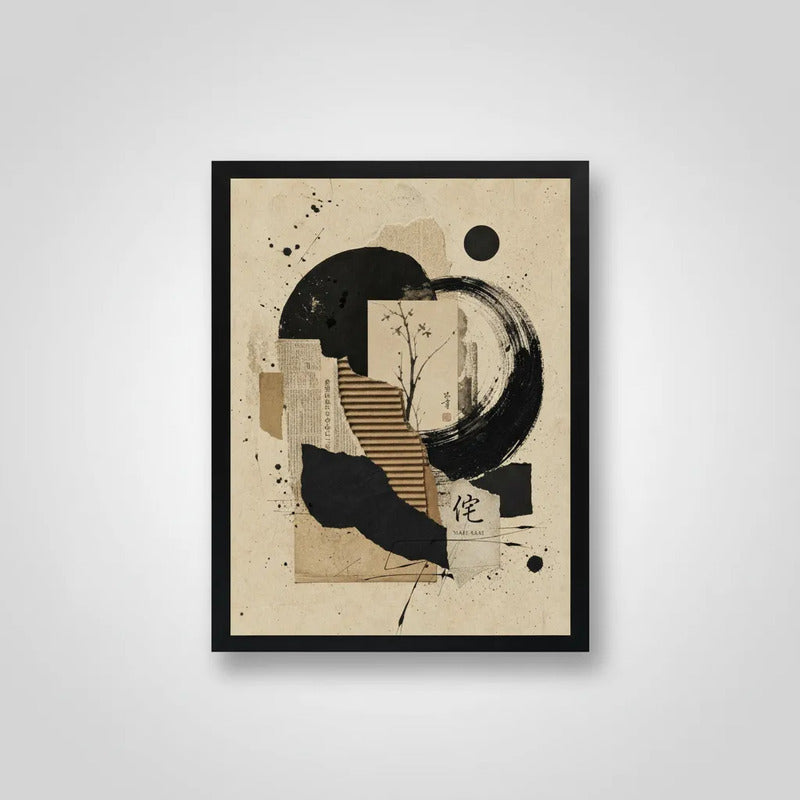 Cuadro Boho Abstracto Arte Japon Beige Negro Decora Living Marco Negro