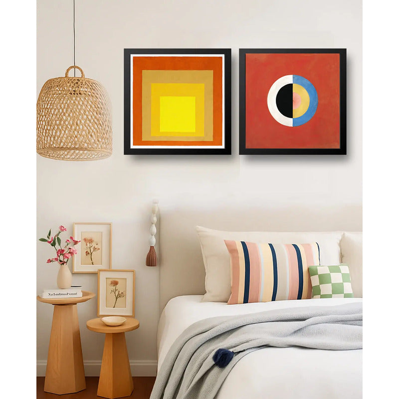 Set 2 Cuadros Josef Albers Hilma Af Klint Tonos Rojo 33x33cm Marco Negro