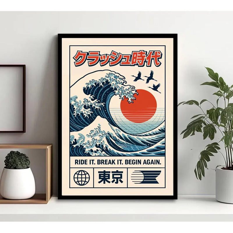 Cuadro Vaporwave Gran Ola Kanagawa Arte Japones Decoracion Marco Negro